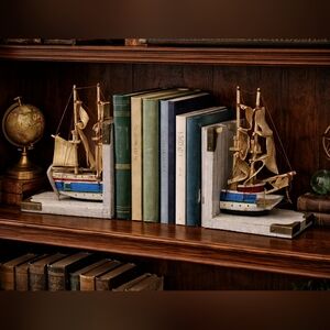 Vintage Ship Front And Back Book Ends String Painted Wood And Fabric